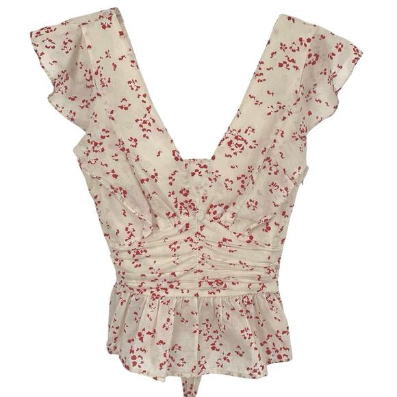 H&M Tops - H&M Women Ruffle Floral Short Sleeve Cream Red Peplum Bow Top Blouse Size 6